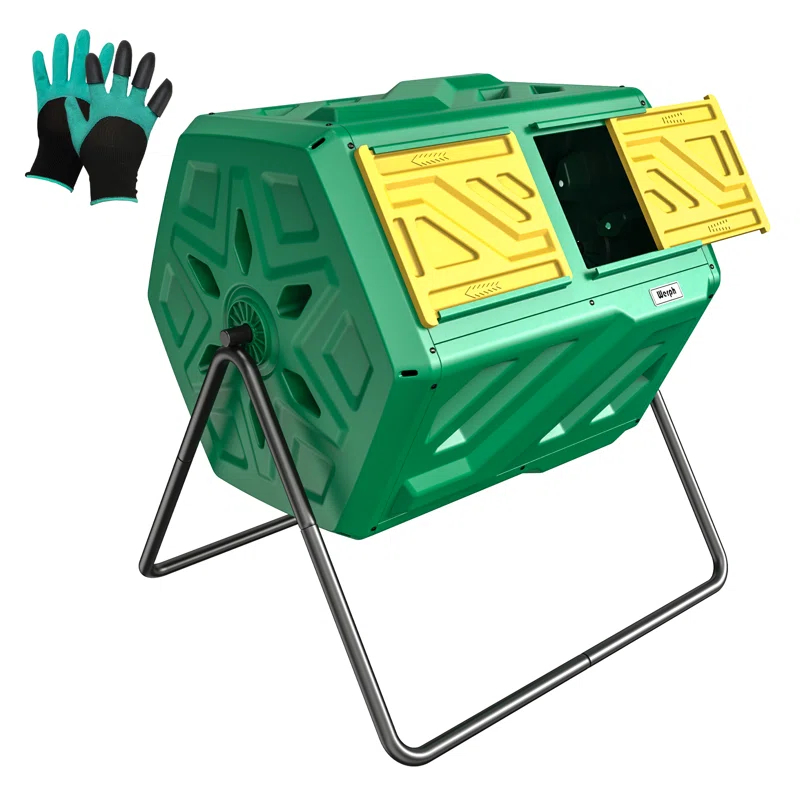 werph Werph 43 Gallon Dual Chamber Compost Tumbler Bin - Outdoor Rolling Composter with 2 Sliding Doors