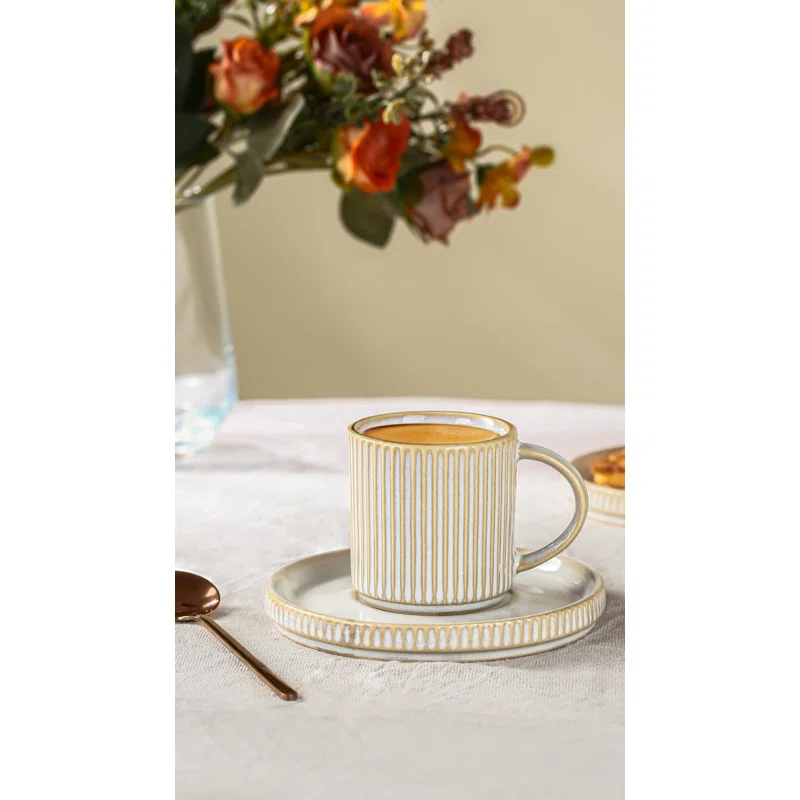 shuoli Star Espresso Cups And Saucers Set Of 4, [ Mini ] 3 Oz Ceramic Small Coffee Mug With Handle, Ribbed Stoneware Demitasse Cup For Tea, Latte - Microwave & Dishwasher Safe - Cappuccino White