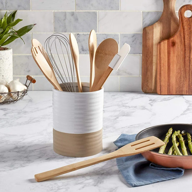 Basic Essentials Basic Essentials White Serveware 8 Piece Cooking Utensil Set with Utensil Crock