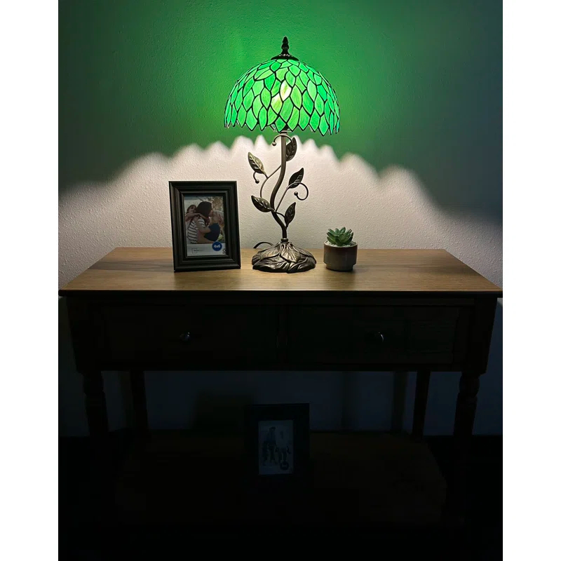 Bloomsbury Market Dejean Tiffany Table Lamp Green Leaves Stained Glass Included LED Bulb 20"H*10"W*10"D