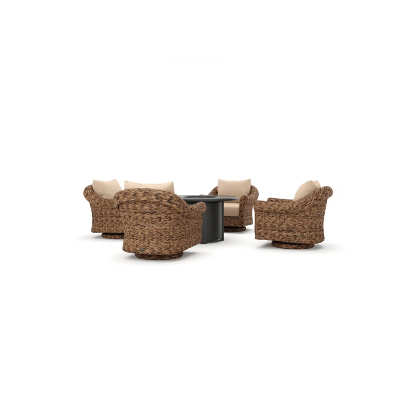 Winston Cayman Swivel Glider Lounge Chair and Fire Pit 5 Piece Rattan Seating Group with Sunbrella Cushions