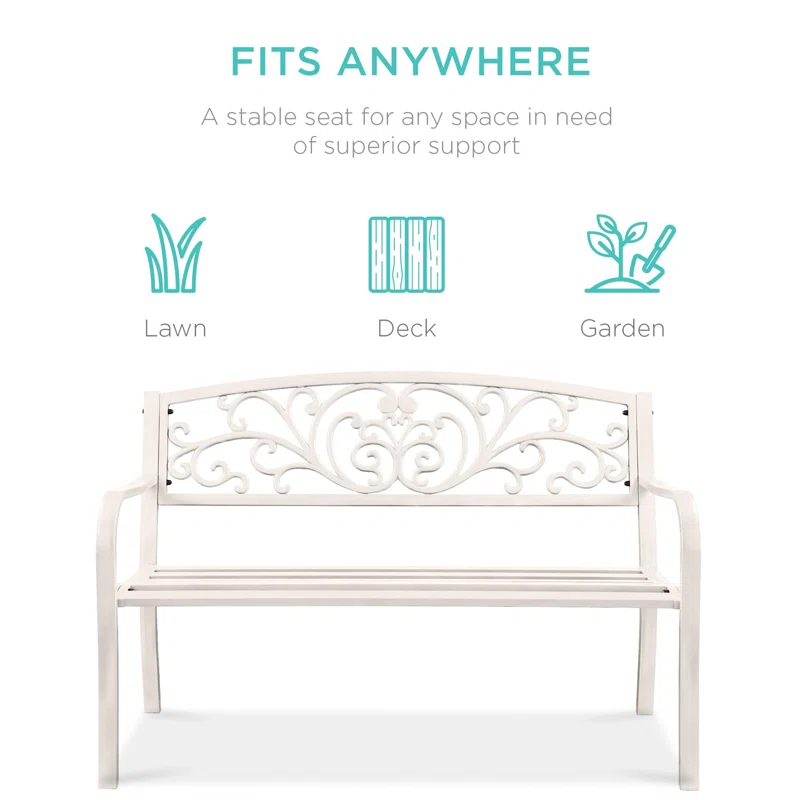 Alcott Hill® Outdoor Steel Bench Garden Patio Porch Furniture W/ Floral Design Backrest