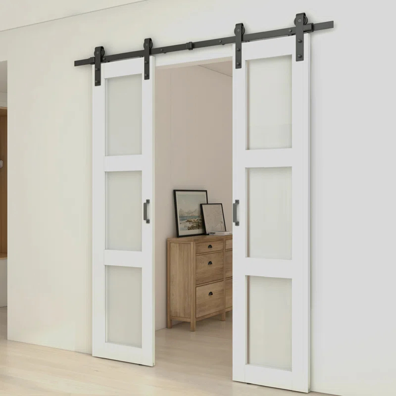 Calhome 3-Lite Tempered Frosted Glass White Finished Composite Double Sliding Barn Door with Hardware Kit Handle