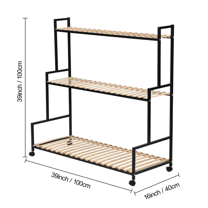 17 Stories Rustic Plant Stand with Wheels,Metal Plant Rack with Solid Wood,3 Tier Ladder Plant Flower Shelf
