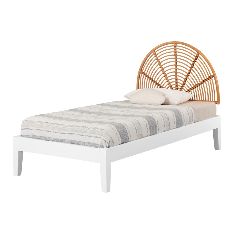 South Shore Bloom Twin Wooden Bed And Rattan Wall-Mounted Rainbow Headboard Set
