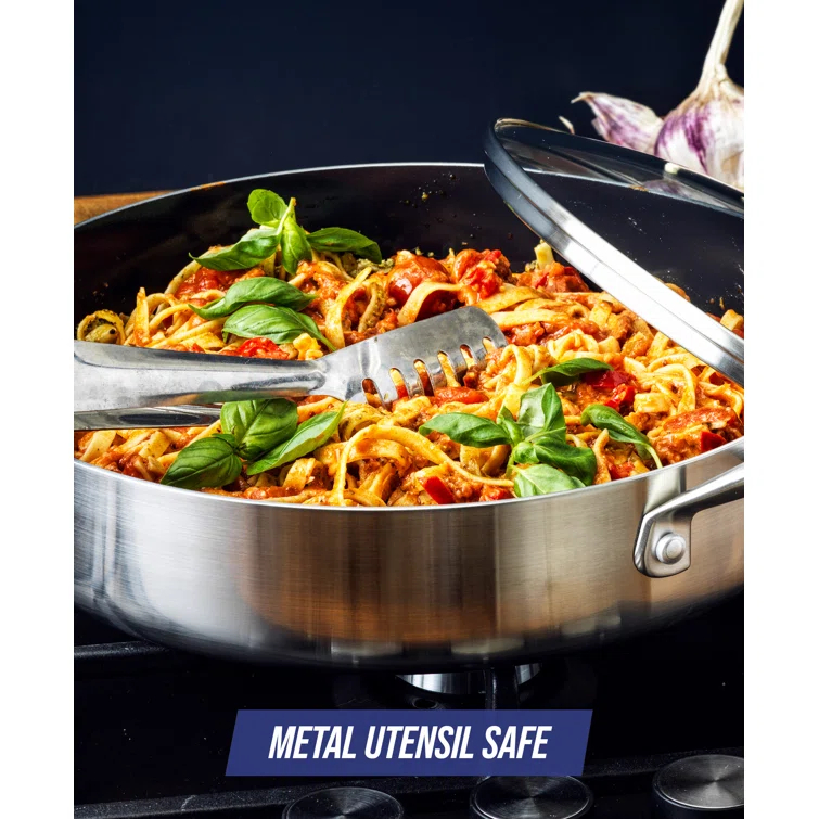 Blue Diamond Blue Diamond Cookware Tri-Ply Stainless Steel Ceramic Nonstick, 3.75QT Saute Pan Jumbo Cooker With Lid, PFAS-Free, Multi Clad, Induction, Dishwasher Safe, Oven Safe, Silver