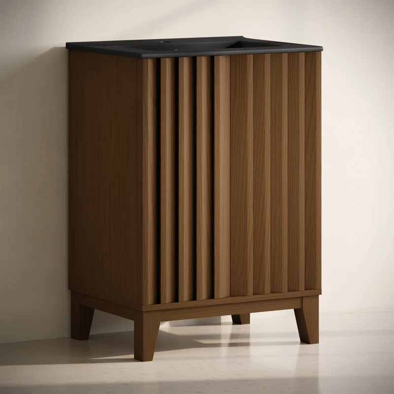 Swiss Madison Troyes 24" Freestanding Bathroom Vanity In Brown Oak With Black Sink Top