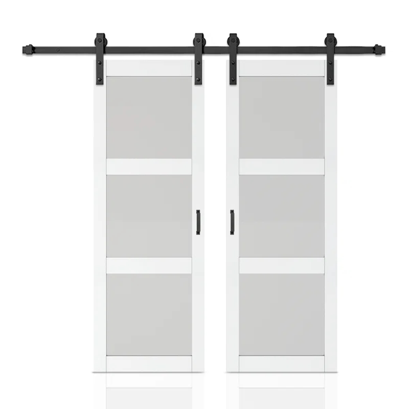 Calhome 3-Lite Tempered Frosted Glass White Finished Composite Double Sliding Barn Door with Hardware Kit Handle
