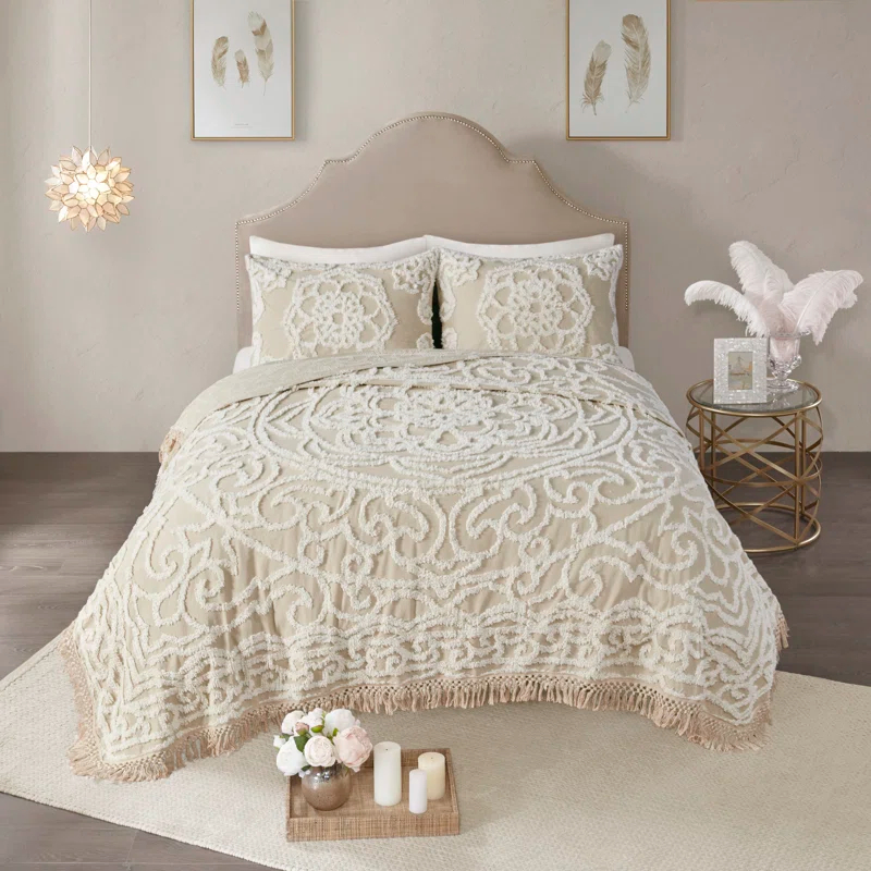 Madison Park Laetitia Tufted Chenille Cotton Medallion Fringe Coverlet Set
