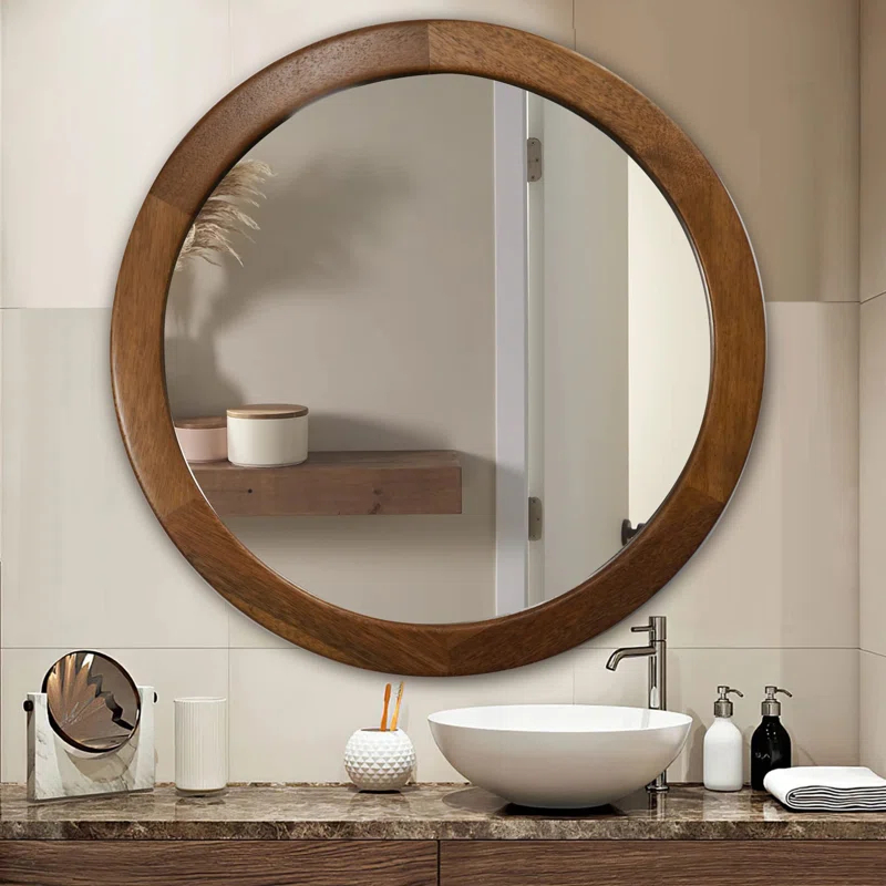 Latitude Run® Round Mirrors 30 Inch,Wood Vanity Wall Rustic Mirror With Walnut Frame, Wooden Mirror For Bathroom Bedroom Living Room Or Entryway(Walnut Brown)
