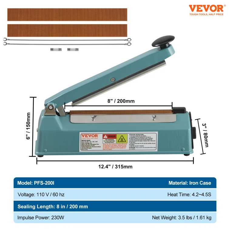 VEVOR VEVOR 8" Iron Hand Impulse Heat Sealer Machine Poly Bag Sealing for Plastic Bag