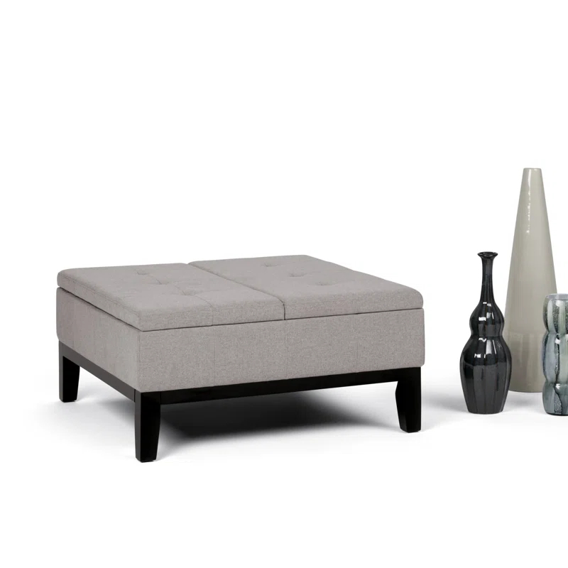Simpli Home Dover 36"W Upholstered Square Coffee Table Storage Ottoman with Split Tufted Lift Top