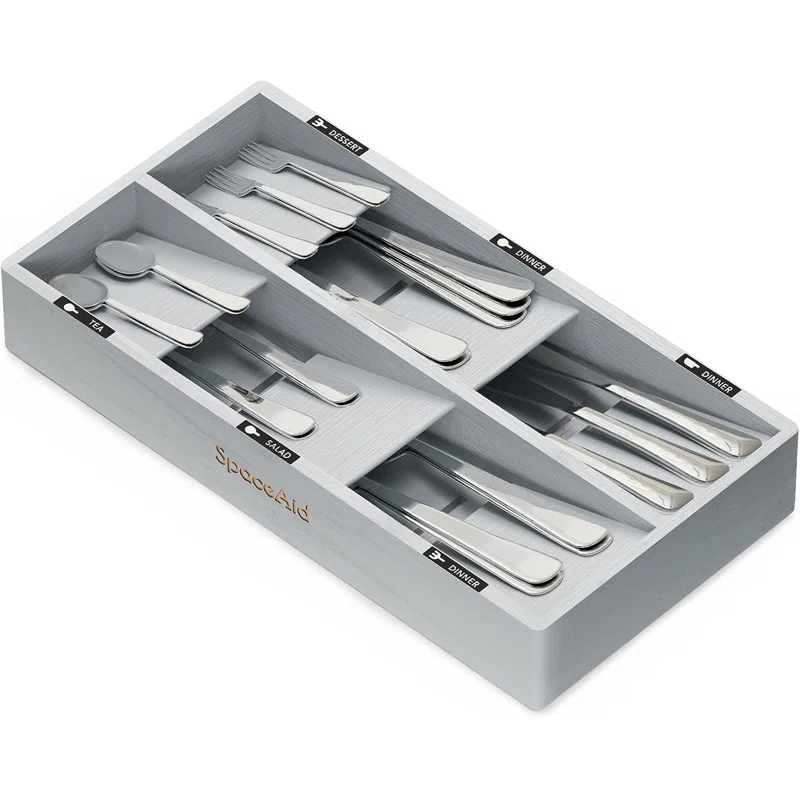 SpaceAid Bamboo Silverware Drawer Organizer with Labels – Kitchen Utensil Tray for Flatware, Cutlery, Spoons, and Knives – 6 Slots (White)