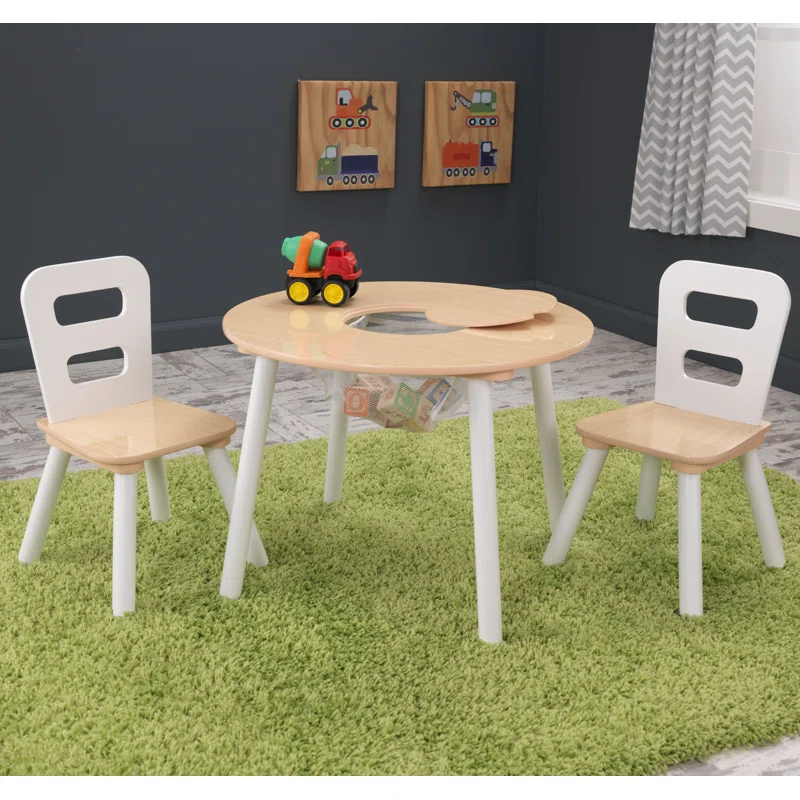KidKraft Kids' Wooden Round Storage Table & 2 Chair Set - Natural & White