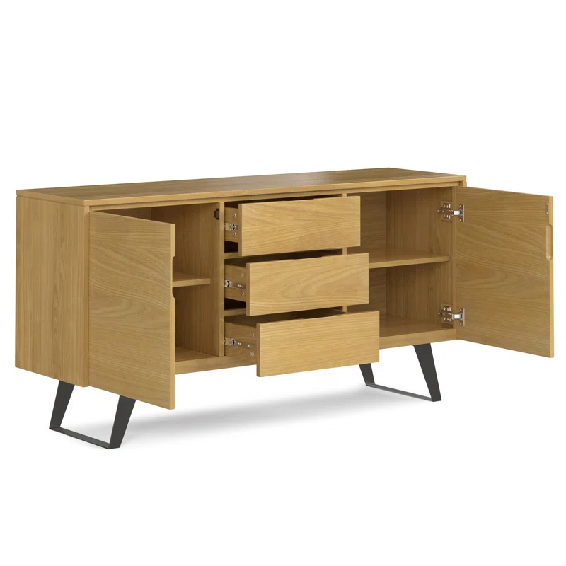 Simpli Home Lowry 60"W Solid Wood Modern Industrial 2-Door Sideboard Buffet with 3 Center Drawers