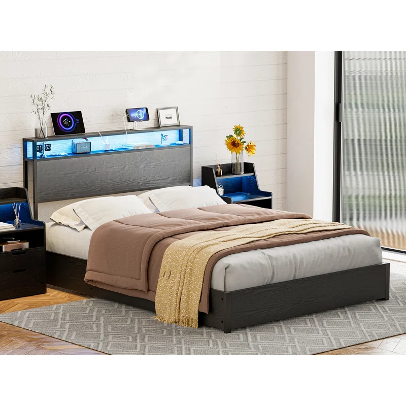 Ivy Bronx Kaiwei Storage Headboard With Led Lights & Charging Station - Industrial Metal And Wood