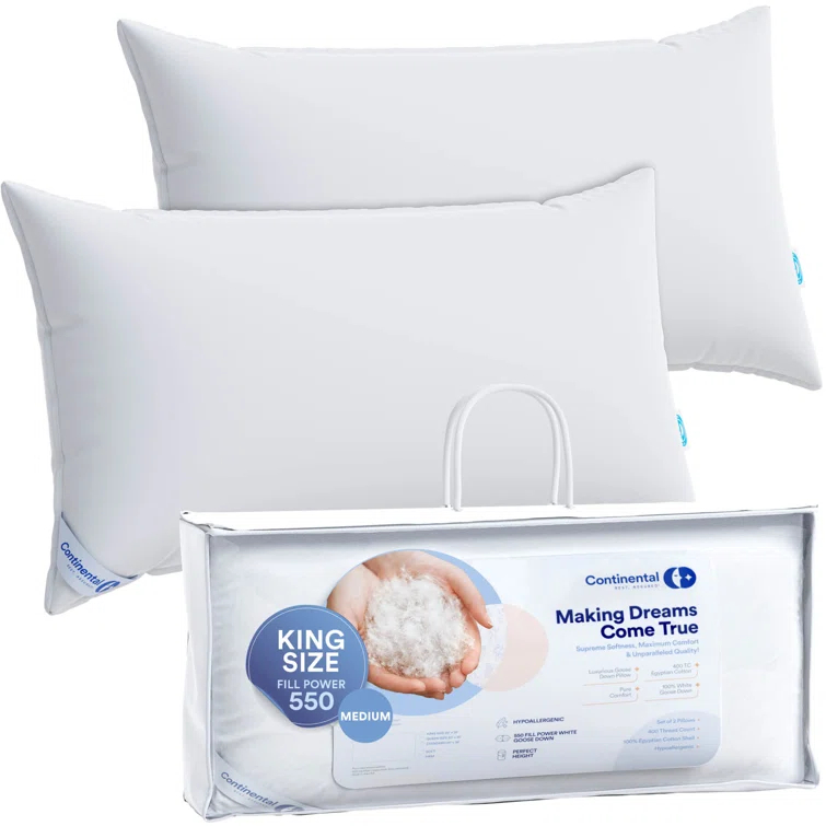 ContinentalBedding Premium Medium Down Bed Pillow (Set of 2)