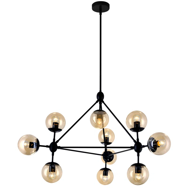 Wrought Studio™ Sputnik Style Chandelier - 10-Light Black Frame with Amber Glass Shades - Atomic Starburst Pendant Light for Dining Room, Kitchen Island