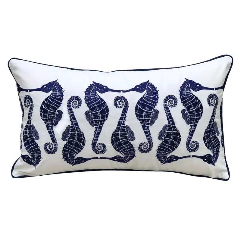 Rightside Design Indigo Series Seahorse Pattern Embroidered Outdoor Olefin Throw Pillow