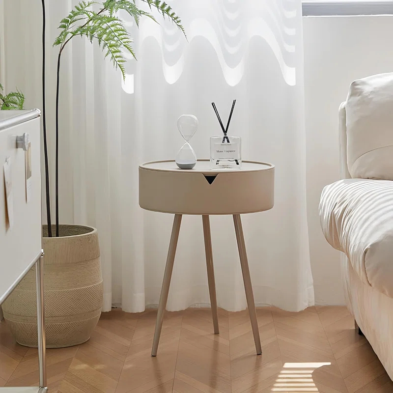 Round End Table With Storage For Living Room, Modern Small Side Table For Small Spaces,Nightstand Bedside Table For Bedroom Balcony