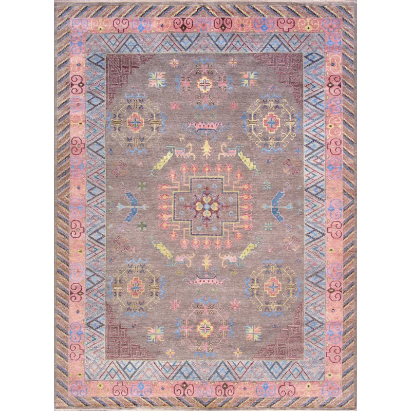 Pasargad Khotan Southwestern Hand-Knotted Rectangle 10'1" x 14' Wool Area Rug in Gray/Rose/Blue