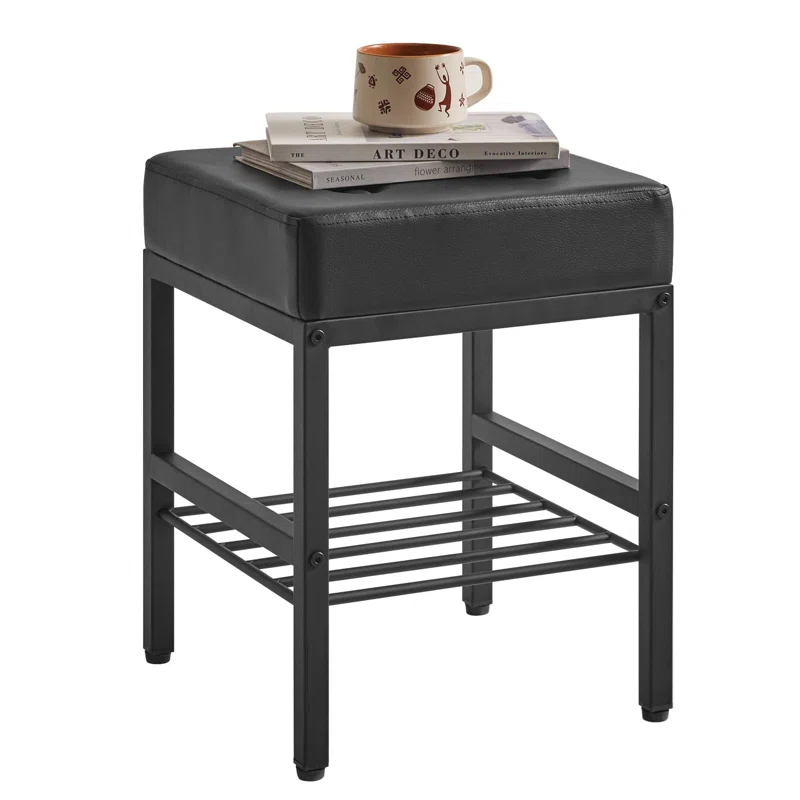 Everly Quinn Square Makeup Stool With Adjustable Feet And Storage Space, Footrest Stool, PU Seat Vanity Stool, Multi-Use As Small Side Table Or Ottoman, Black