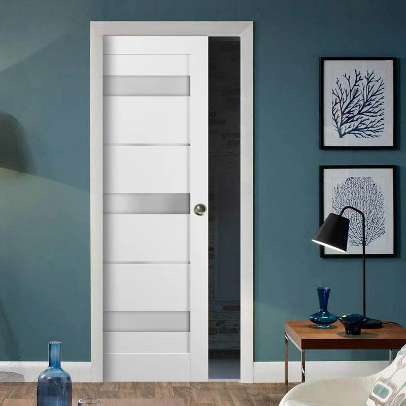 Quadro Frosted Glass Sliding Closet White Door with Installation Hardware Kit