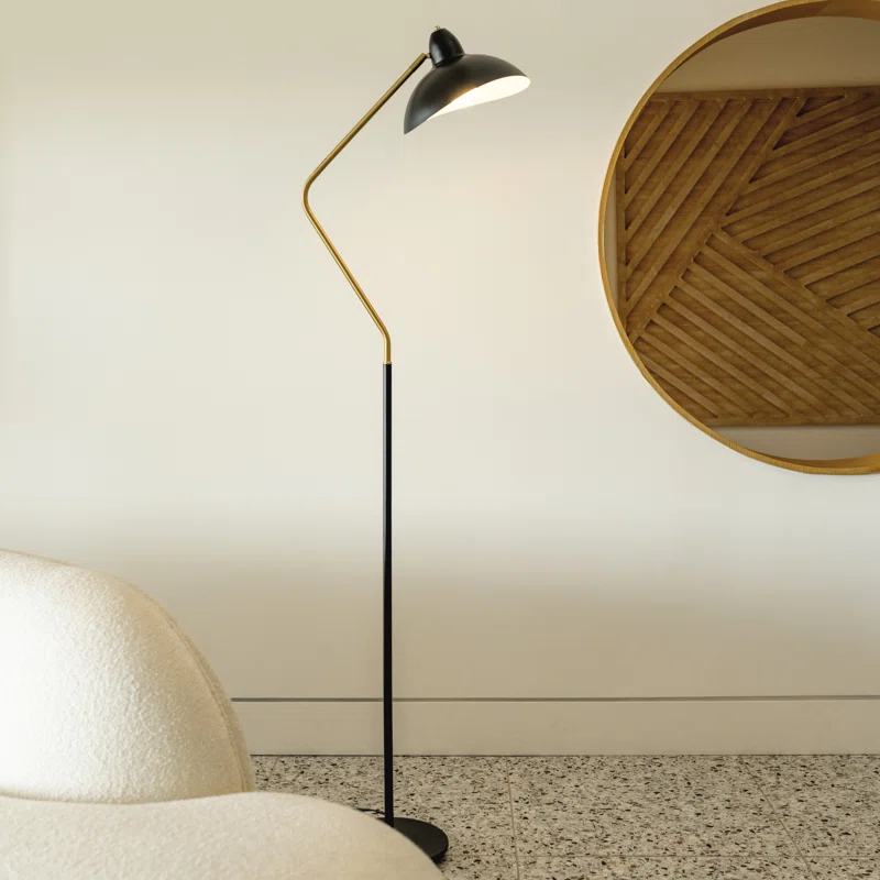 Brightech Swoop 69 in. Mid Century Modern Adjustable Curved Black Standing Lamp with Metal Bowl Shade and Gold Finish - LED Bulb Included