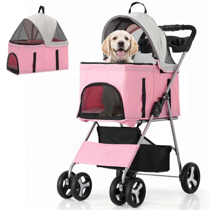 MoNiBloom Folding Pet Stroller, Foldable Dog Jogger Stroller with Detachable Carrier, Basket and Cup Holder