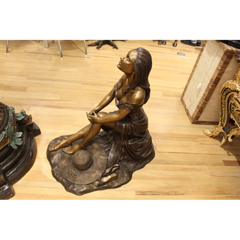 Nifao Statues Lady on Stone Bronze Statue -  Size: 33"L x 23"W x 34"H.