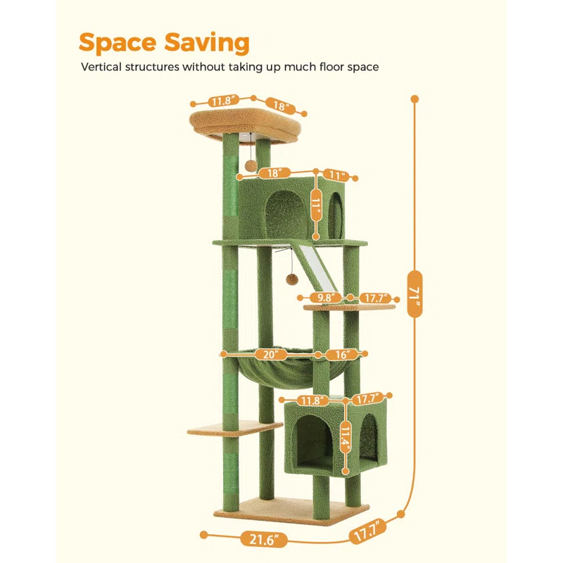 71" Indoor Tall Large Cat Tree Multi-Level Cat House With 2 Big Condo Pad Bed, Cozy Hammock And Scratching Posts