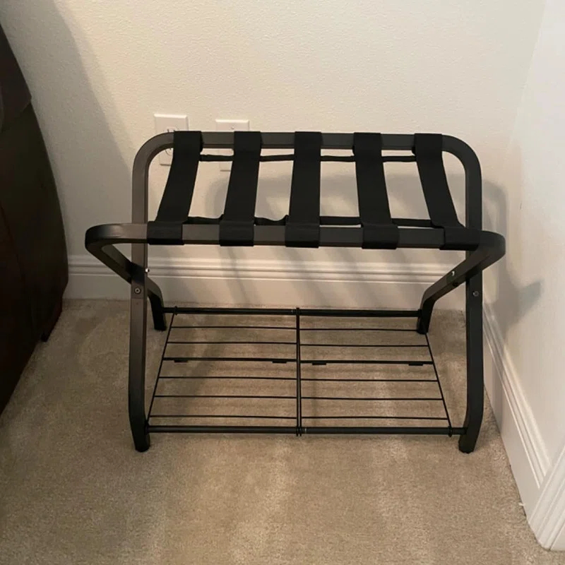 BINO Folding Luggage Rack With 2-Tiers Storage Shelf, Foldable Steel Frame Luggage Organizers For Suitcase, Metal Luggage Holder For Guest Room, Bedroom, Hotel, Closet, Black, 1Pack