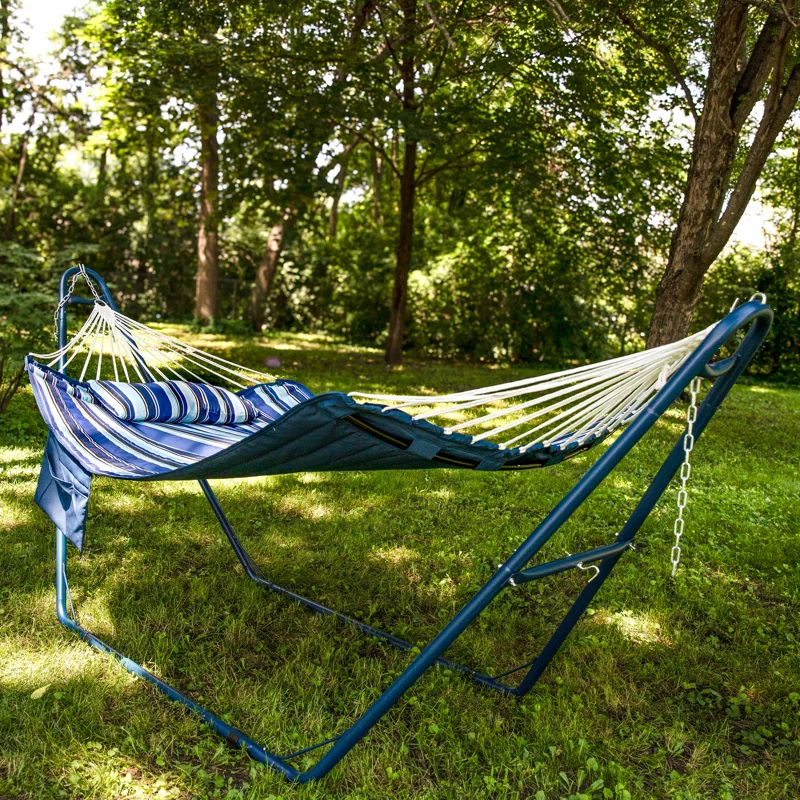 Arlmont & Co. Patrricia Quilted Polyester Curved Metal Spreader Bar Hammock with Pillow - Catalina Beach