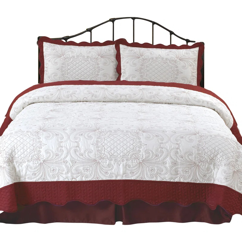Juliette Classic Embroidered Twin Quilt with Pillow Sham - Machine Washable Lightweight Bedding