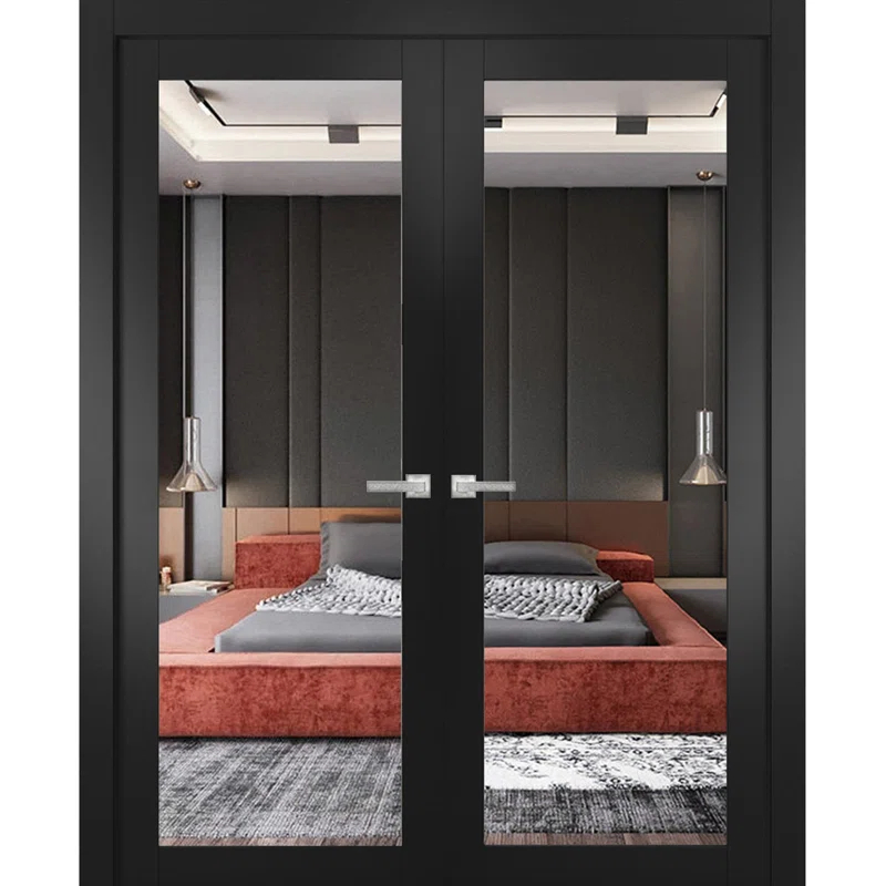 SARTODOORS Solid French Double Doors | Lucia 2166 Matte Black Clear Glass | Wood Solid Panel Frame Trims | Closet Bedroom