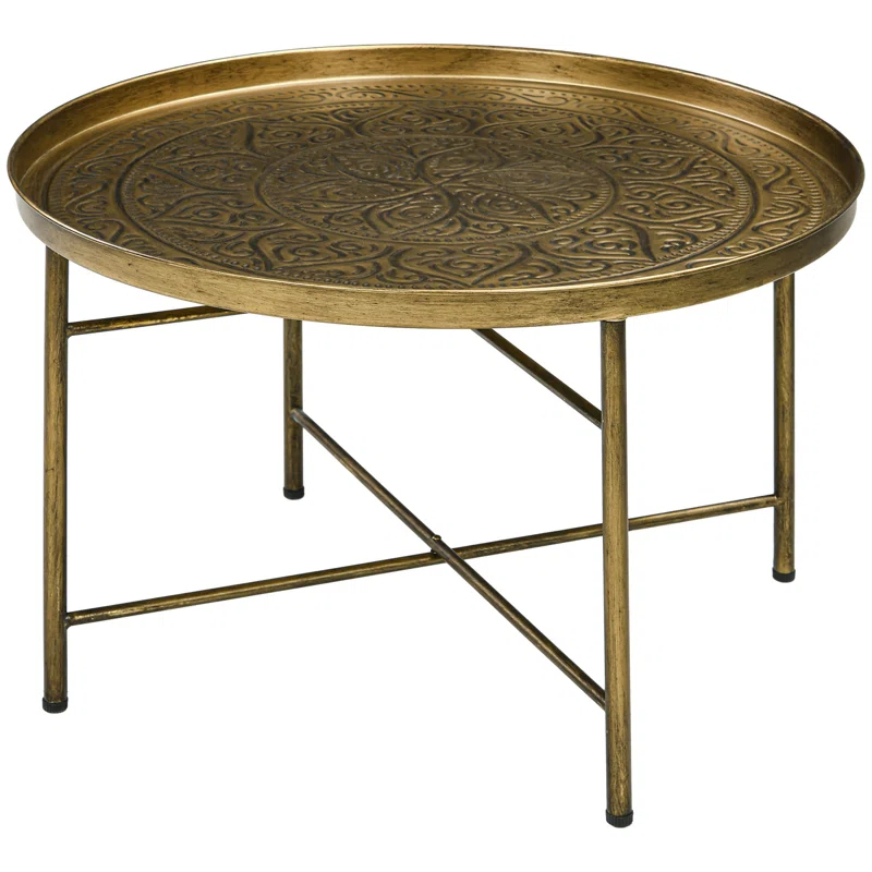 Dakota Fields 24" Round Coffee Table with Hammered Tray Top & Metal Frame, Gold