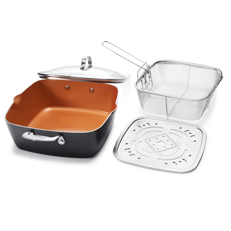 Gotham Steel Gotham Steel 9.5" Deep Squre Nonstick Pan with Steamer Tray, Fry Basket and Glass Lid