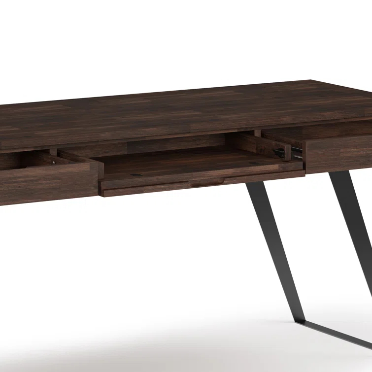 Simpli Home Lowry Solid Acacia Wood Desk, Industrial Style with Keyboard Tray and 2 Drawers