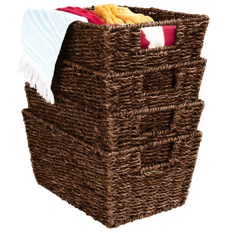 Rosecliff Heights 4 Multipurpose Stackable Seagrass Laundry Organizer Tote Baskets w/ Insert Handles