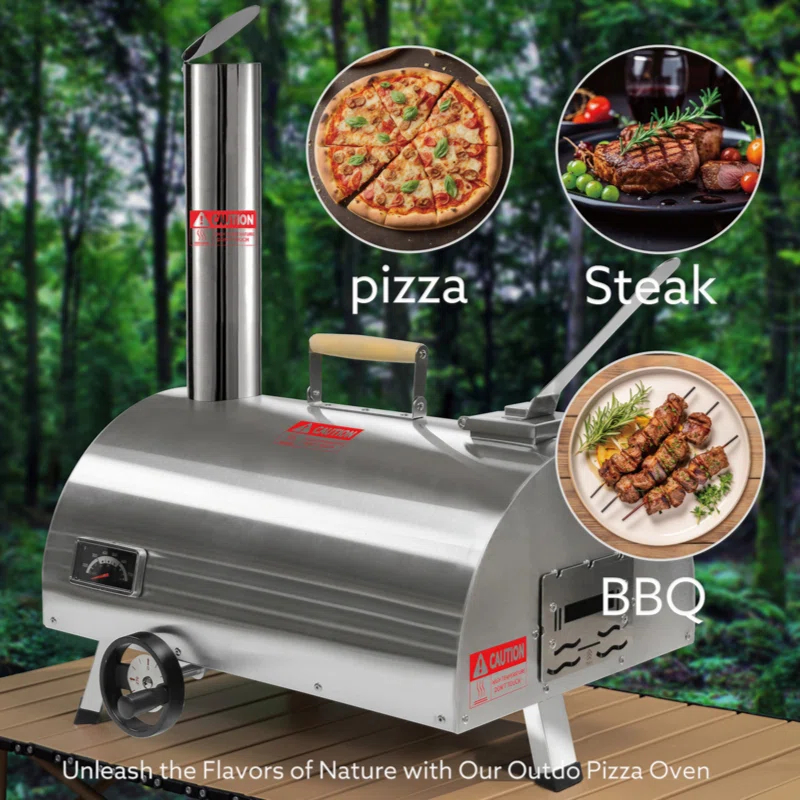 Builddecor Silver Pizza Oven Outdoor 12" Semi-Automatic Rotatable Pizza Ovens Portable Stainless Steel Wood Fired Pizza Oven Pizza Maker With Built-In Thermometer Pizza Cutter Carry Bag
