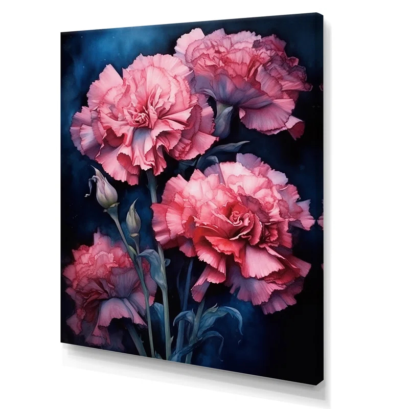 Design Art " Pink Carnation On Navy Blue Ink "