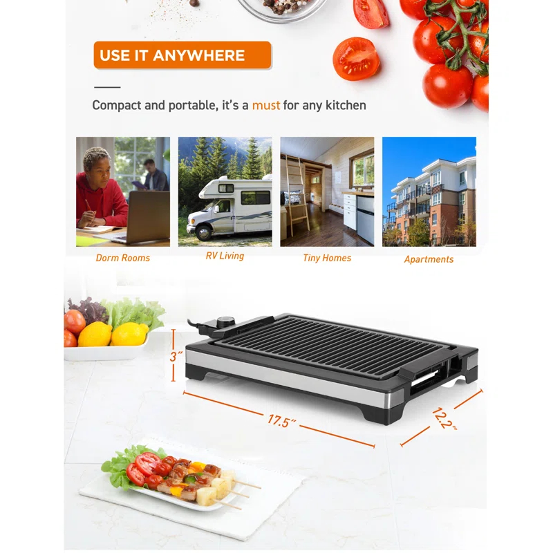 Commercial Chef COMMERCIAL CHEF Indoor Grill for Countertop Electric Grill with Adjustable Temperature Control