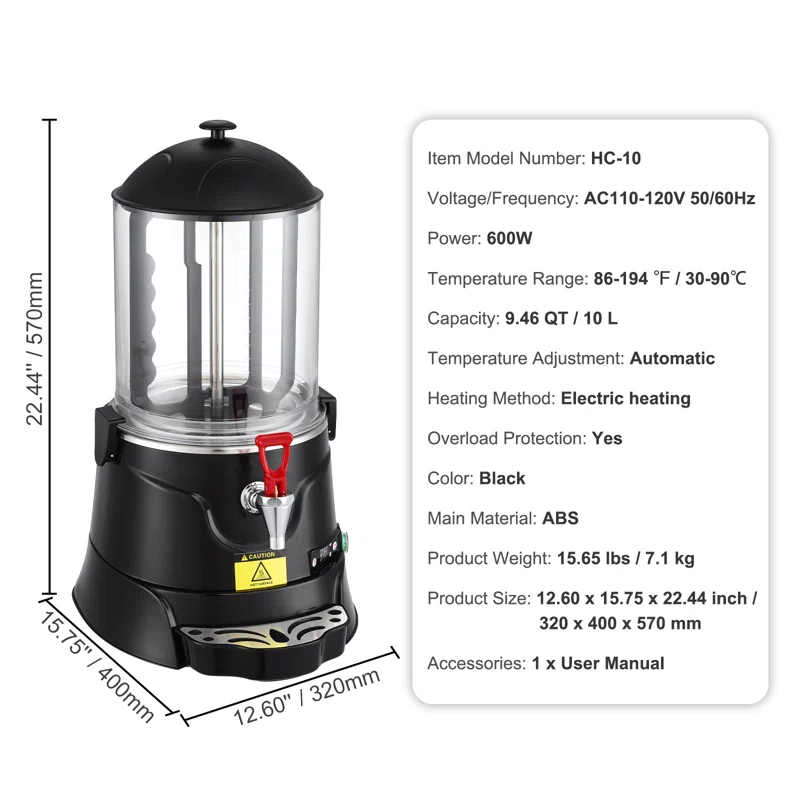 VEVOR Hot Chocolate Dispenser 2.6 Gal / 10 L Hot Chocolate Machine for Hot Drink