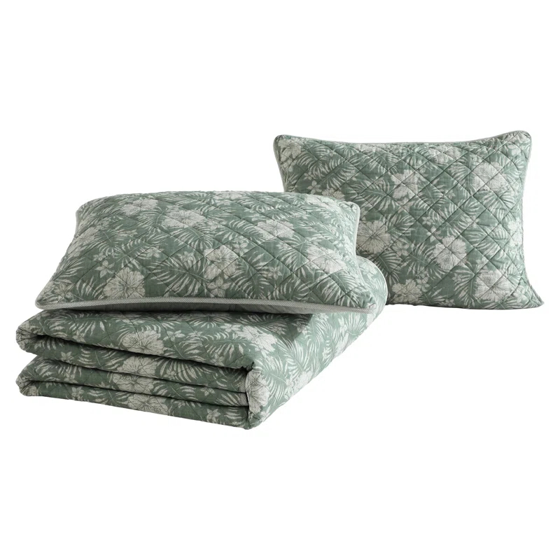 Eddie Bauer Tommy Bahama Hibiscus Jungle Cotton Reversible Green Quilt Set
