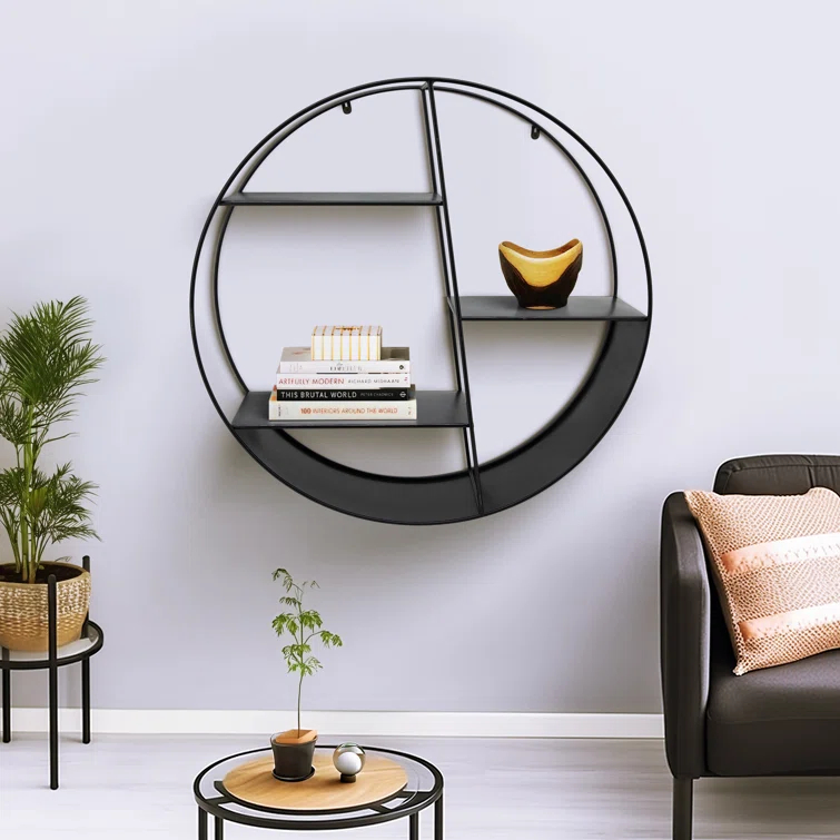 Latitude Run® Modern Metal Wall Shelf with Round Geometric Frame and Tiered Open Storage