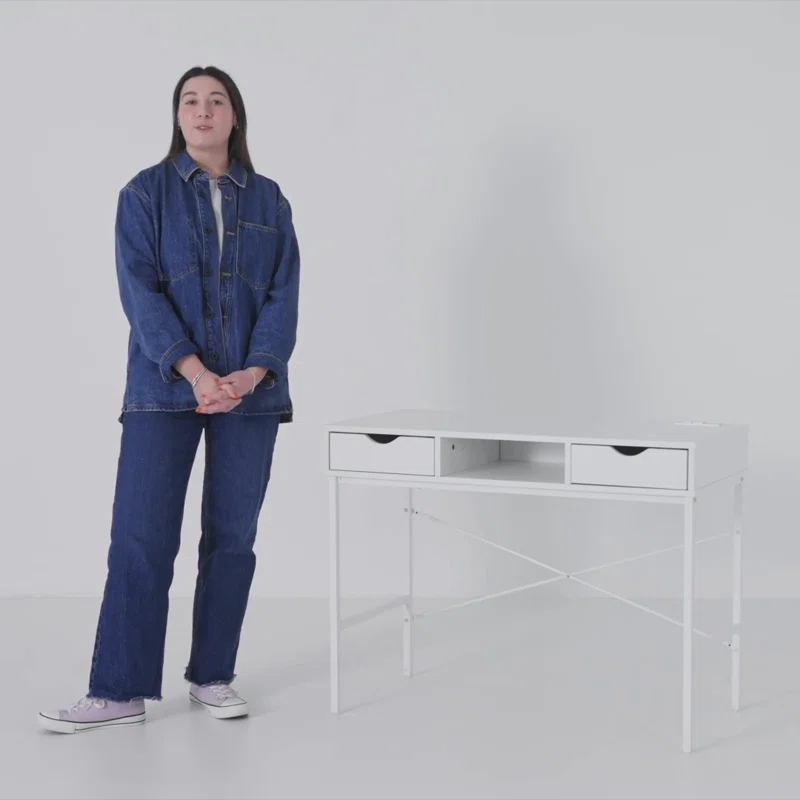 Ebern Designs Glenhill Writing Desk with Drawer - Built-In Power Outlets for Home Office