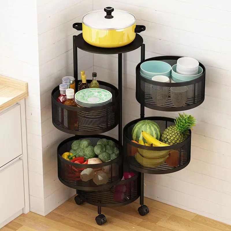 Kitchen Storage Cart,5 Tier Circular Rotating Basket,Large Storage Rack with 360 Degree Wheels