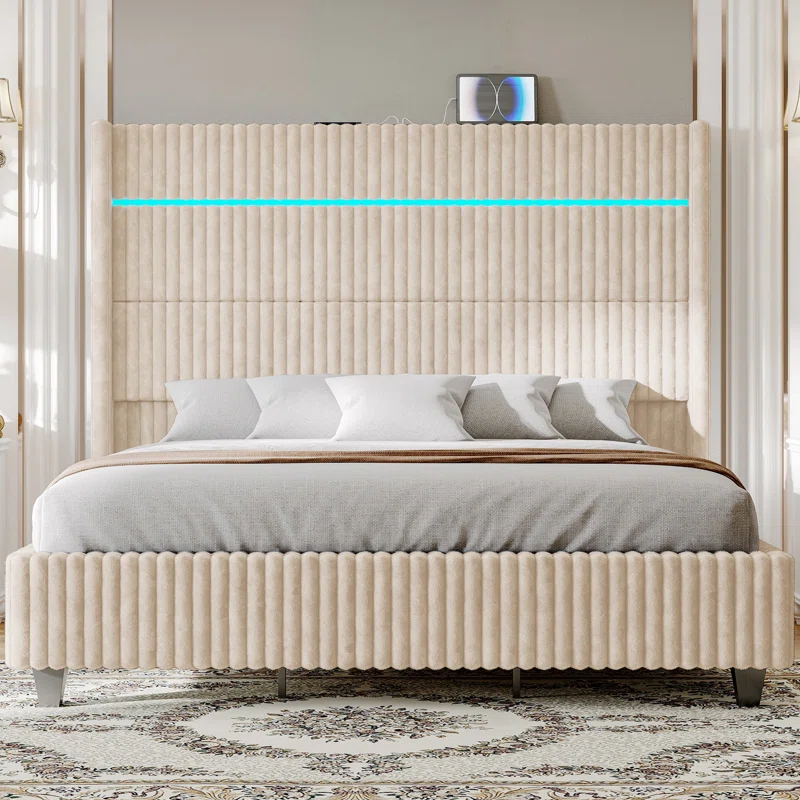 Ivy Bronx LED Bed Frame, Corduroy Upholstered Platform with 60" Tall Headboard & Charging Station
