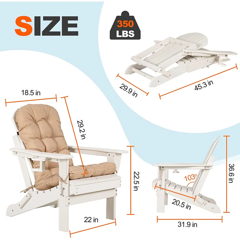 Winston Porter Folding Adirondack Chairs With Cushion, Hdpe Oversized Patio Chair Weather Resistant