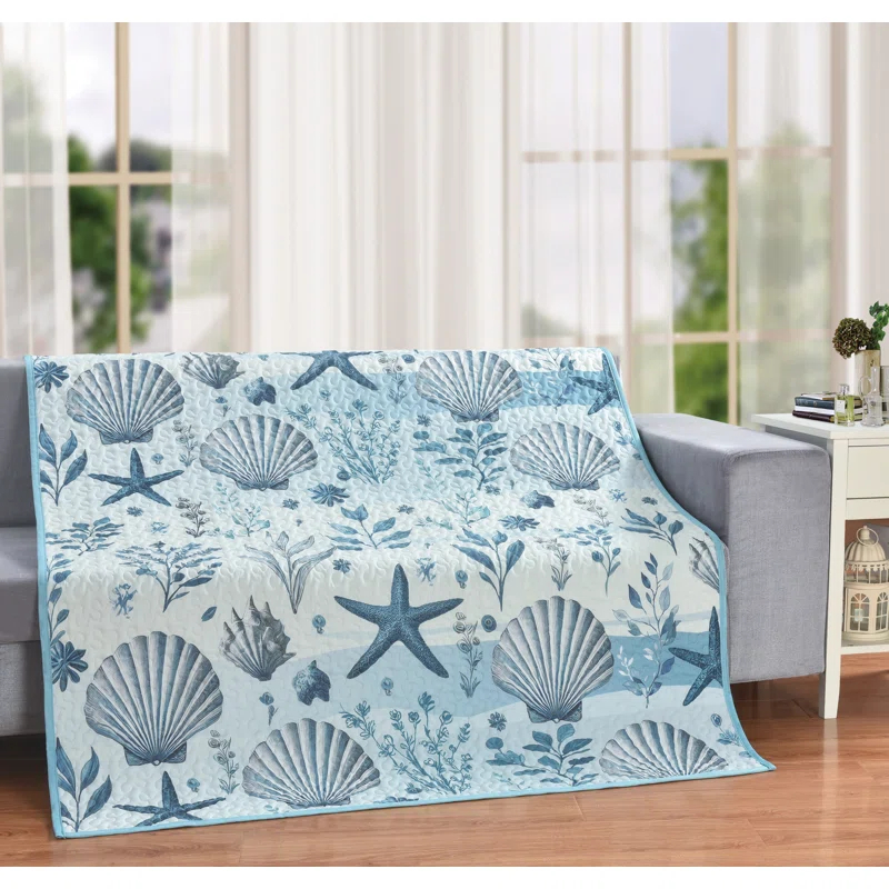 De Leon Collections Ocean Serenity Sea Starfish Seashell Blue & White Nautical 60” x 50” Decorative Quilt Throw Blanket